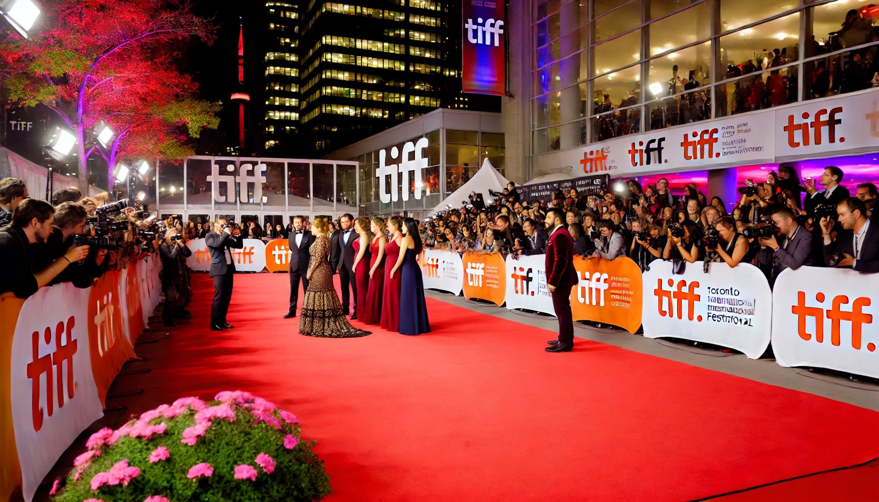 A red carpet event at the Toronto International Film Festival, with movie stars arriving and large crowds in the background.