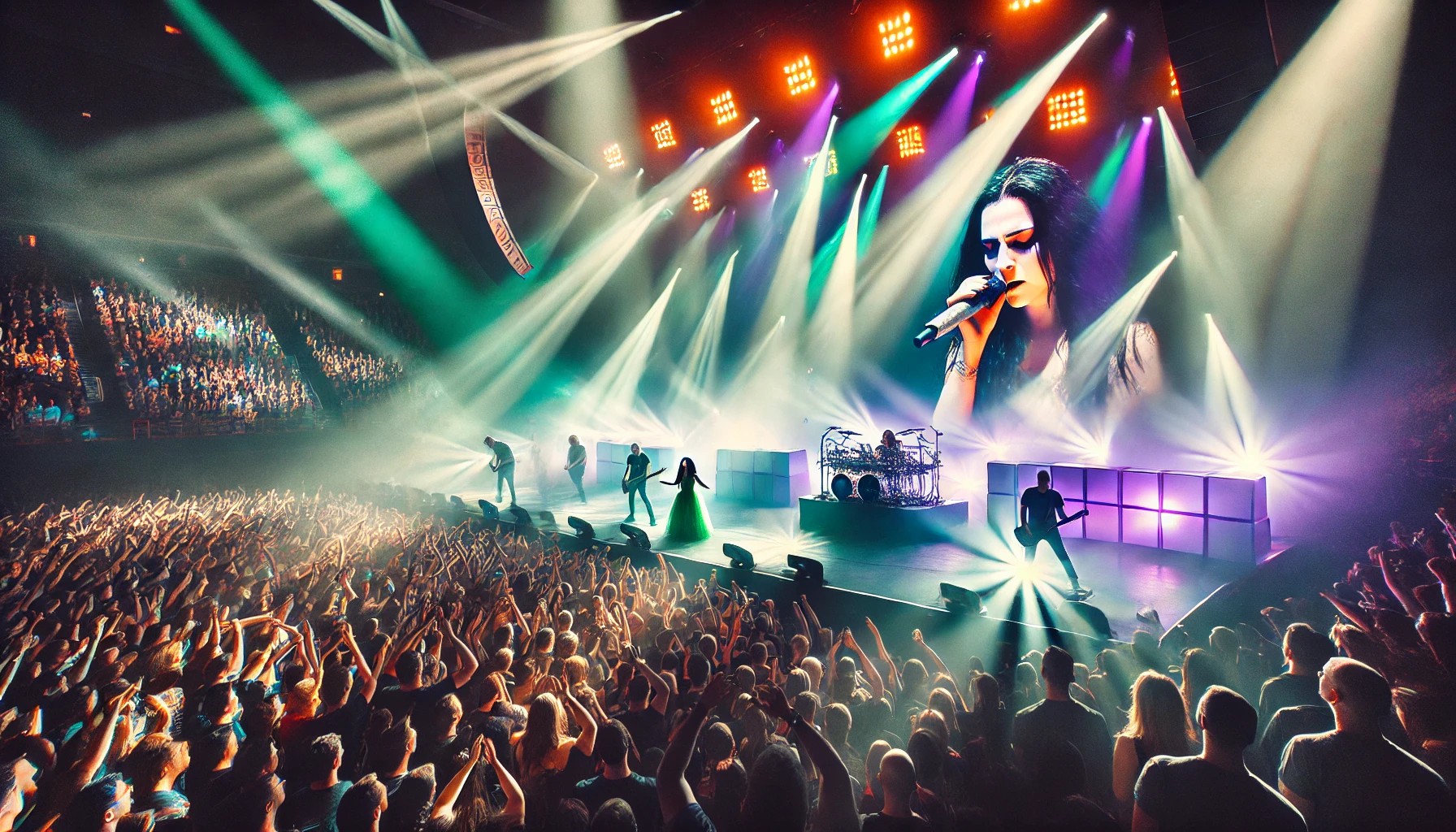 A vibrant concert scene with Evanescence performing on stage, bright lights, and an energetic crowd at Rogers Arena, Vancouver.
