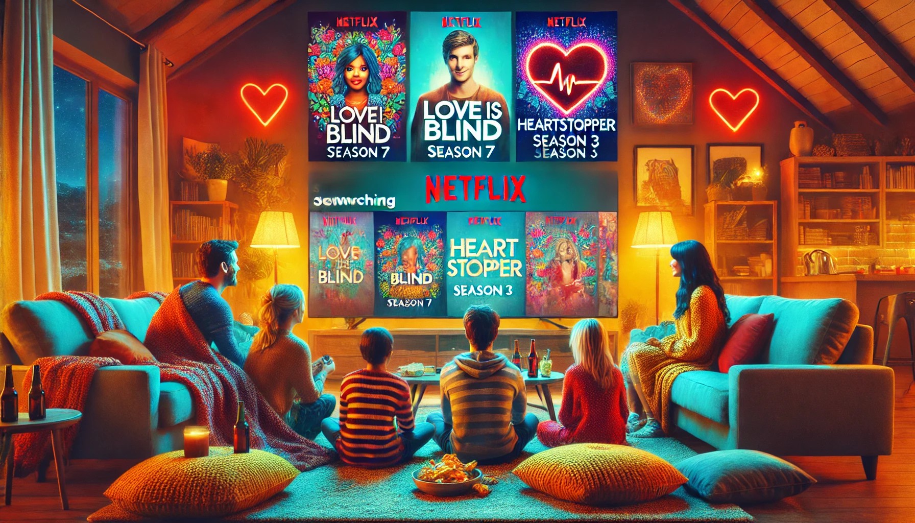 A vibrant scene of people watching Netflix on TV at home with titles like 'Love is Blind: Season 7' and 'Heartstopper: Season 3' displayed on the screen.