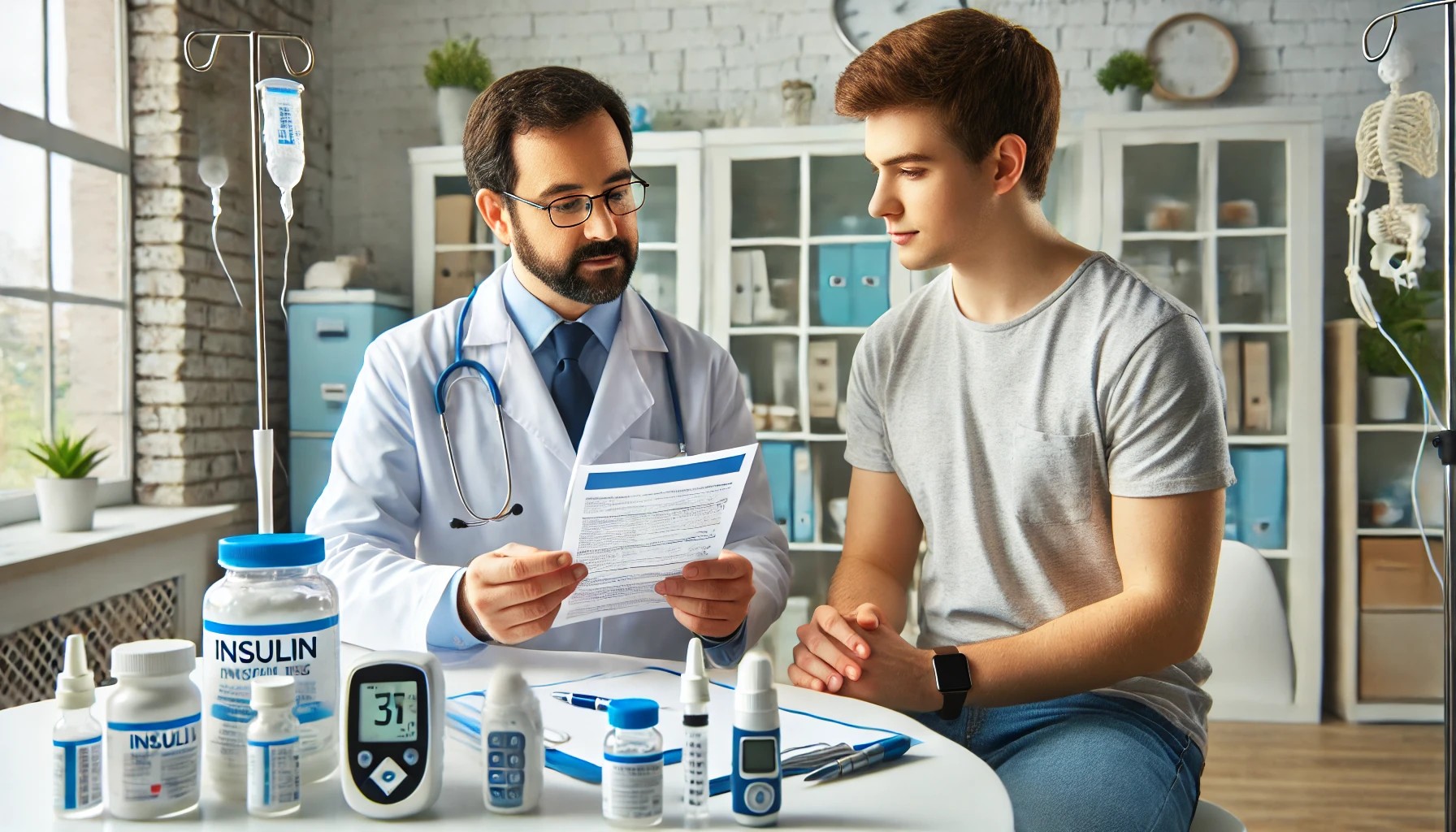 A doctor and a patient reviewing a diabetes medication plan in a clinic setting, with a background showing medical supplies like insulin and glucose monitoring devices.