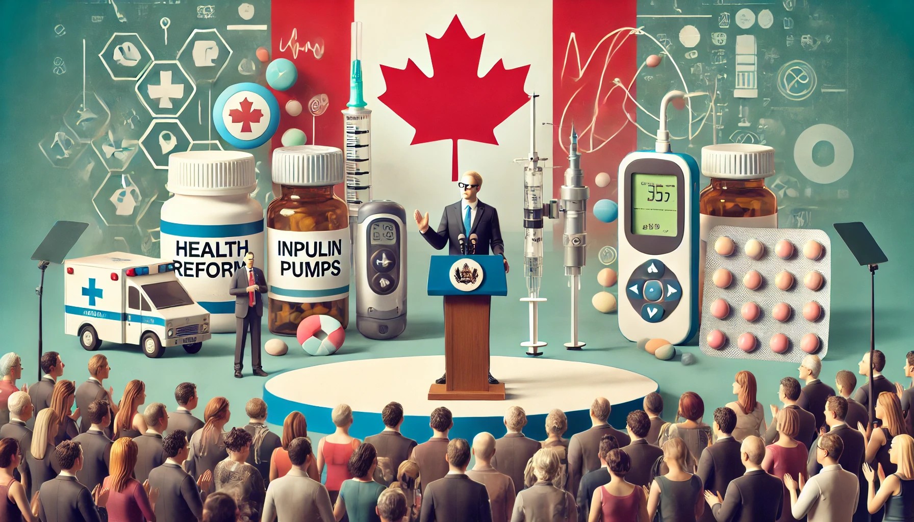A government official at a podium, announcing new health reforms to a diverse group of Canadians, with visual elements of medications and health supplies in the background, symbolizing healthcare accessibility.