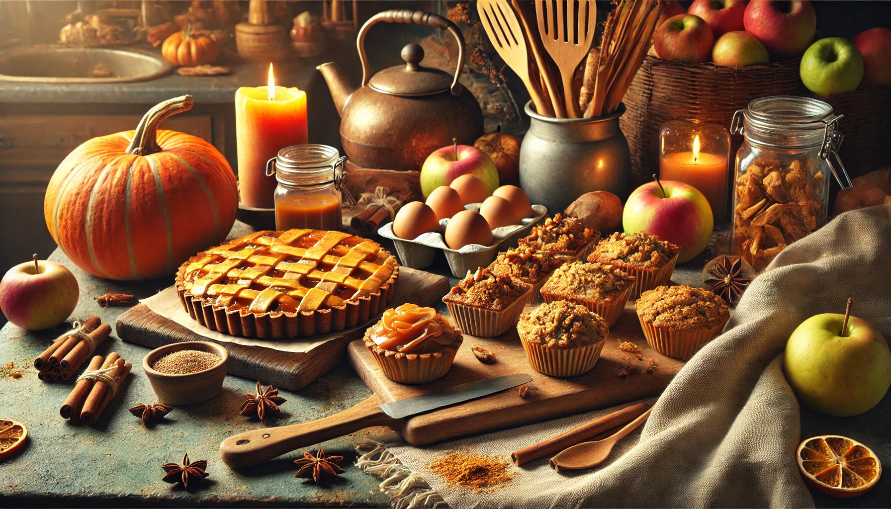 A cozy kitchen scene in autumn with freshly baked pastries featuring caramel-apple tarts, pumpkin bread, and streusel muffins.