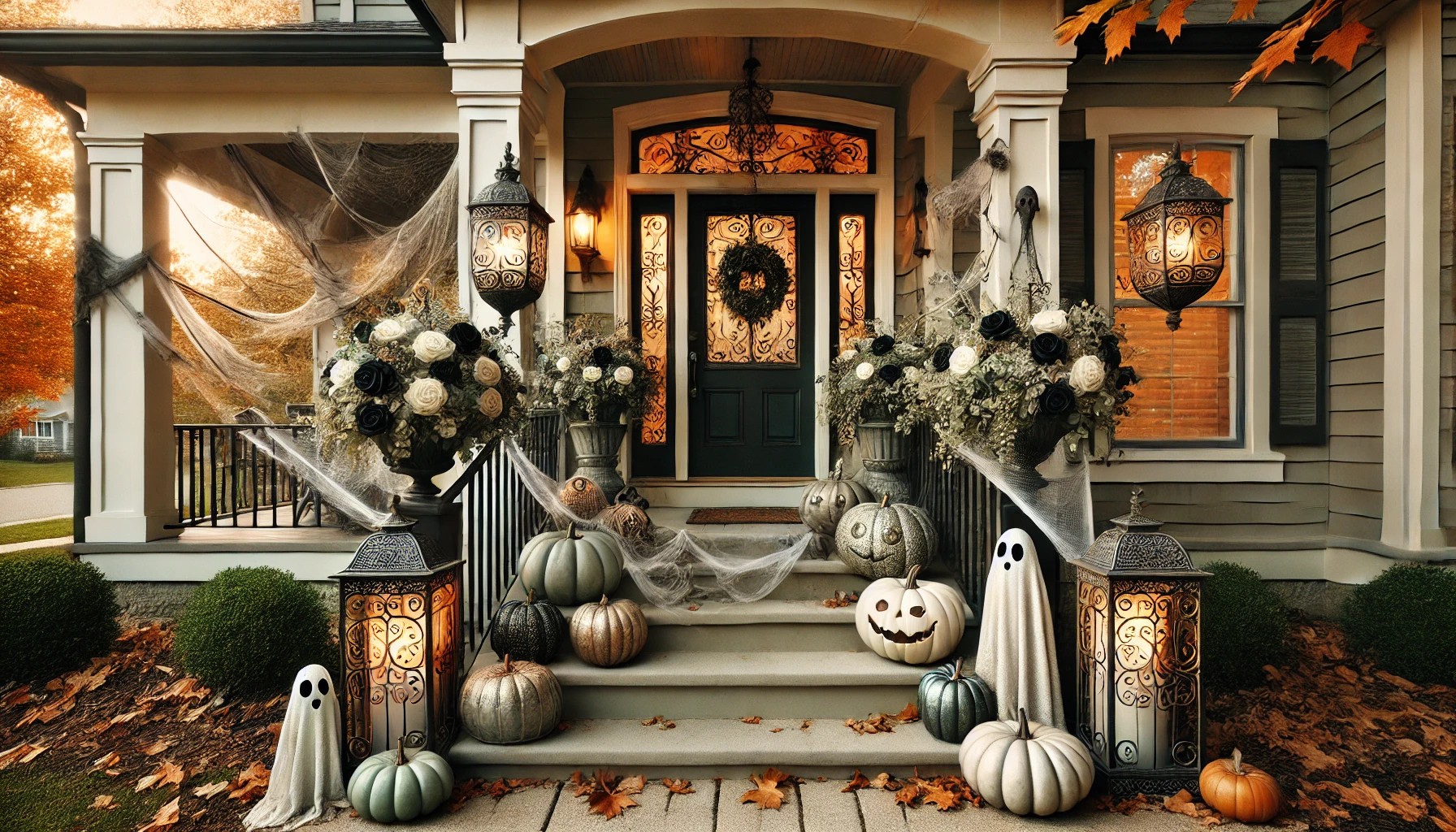 A beautifully decorated front porch for Halloween, featuring gothic elements like wrought iron lanterns and black roses, with pumpkins in muted shades of white and green